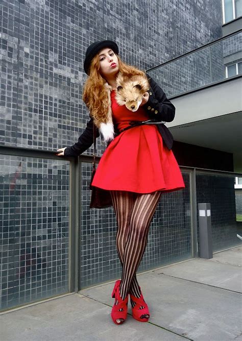 Vertical Patterned Black Lace Pantyhose With Red Heels And Dress Hat