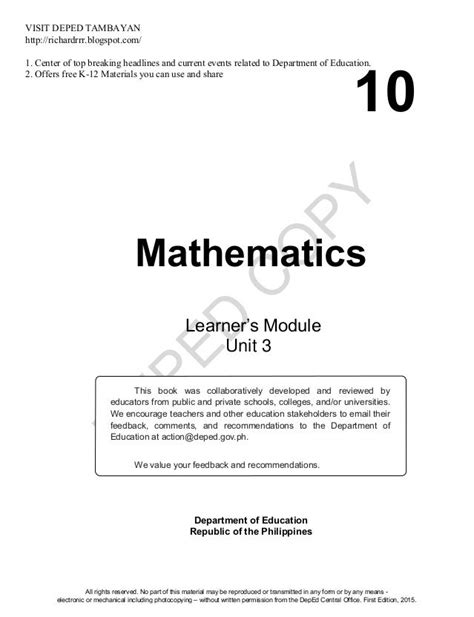 Math Learners Material Grade 10 Quarter 3