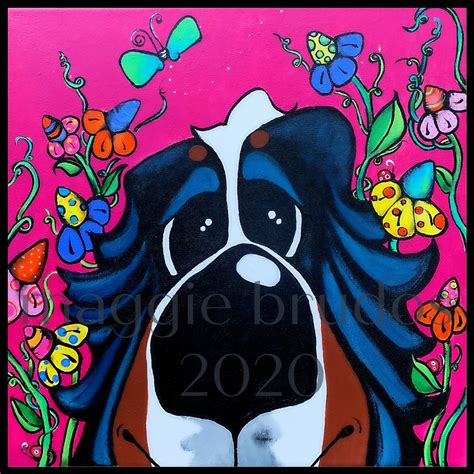 Bernese Mountain Dog Whimsical Daisies Garden Flowers Pink Etsy
