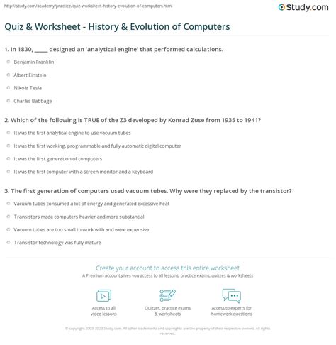Quiz And Worksheet History And Evolution Of Computers
