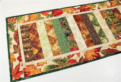 Fall Leaves Table Runner Quilt Orange Green Brown With Gold