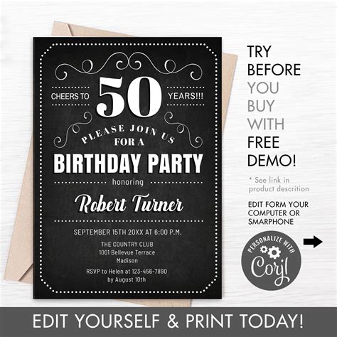 50th Birthday Party Invitation Instant Download Digital Template Can