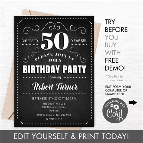 50th Birthday Party Invitation Instant Download Digital Etsy