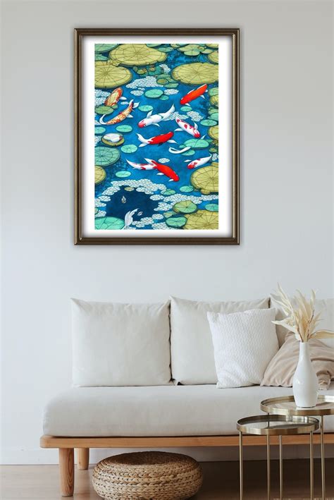 Japanese Koi Pond Wall Art Original Art Fish Illustration Etsy