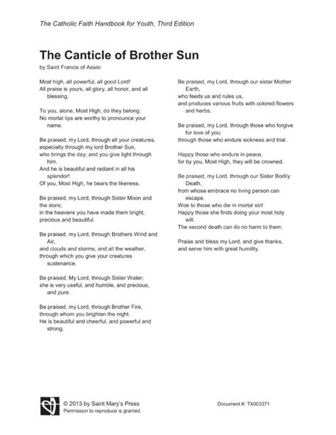 The Canticle Of Brother Sun Saint Marys Press