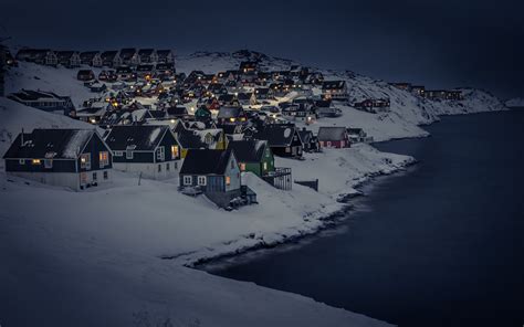 Winter Snow Sea Landscape House Lights Night City