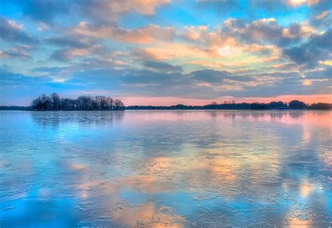 Frozen Lake Sunset Colorful Clouds Hdr Winter Ice Landscape