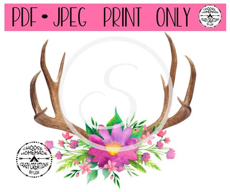 Deer Antlers With Floral Flourish Print Only Jpeg And Pdf Format Only