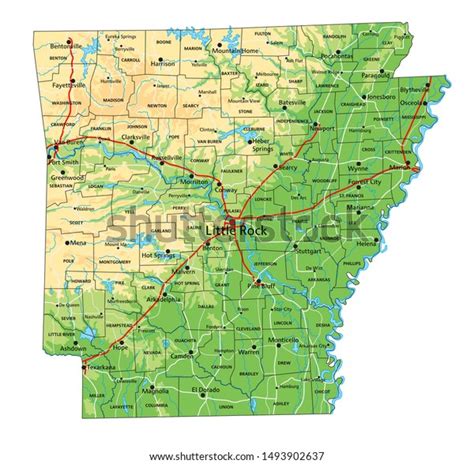 High Detailed Arkansas Physical Map Labeling เวกเตอร์สต็อก ปลอดค่า