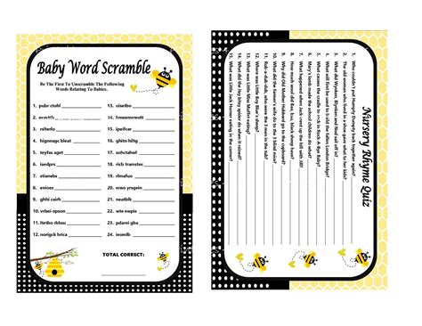 Bumble Bee Baby Shower Game, Printable Bee Game, Bee Shower Game, Bumble Bee Baby Game, Honey ...