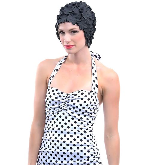 Retro 1950s Style Black Floral Swim Cap 1950s Fashion Swim Caps