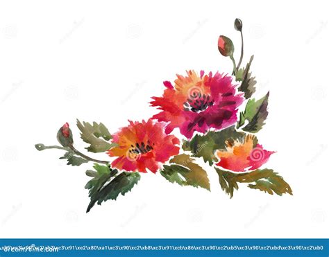 Watercolor Red Vintage Set Of Leaves And Flowers Stock Illustration