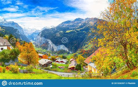 Stunning Autumn View Of Picturesque Alpine Village Wengen Stock Image
