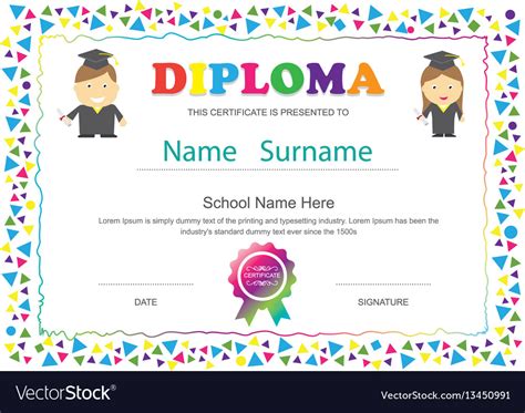 It contains printable graduation certificate templates for preschool, high school, college and more! Preschool kids diploma certificate elementary Vector Image