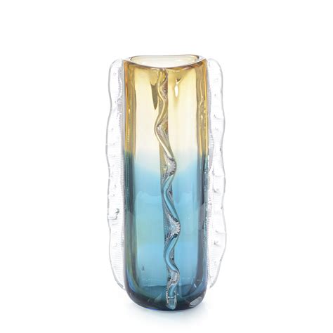 12 25 H X 6 W X 6 D Blue And Yellow Rippled Handblown Glass Vase Ii