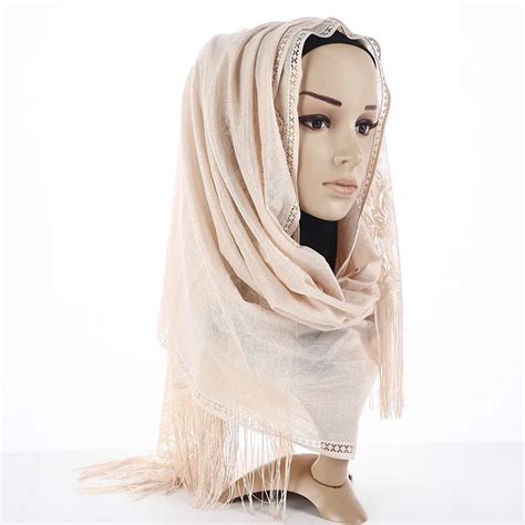 Womens Hijabs Muslim Scarf Ultra Thin Lace Tassel Arab Headscarf Fashion Hood Islamic Shawl