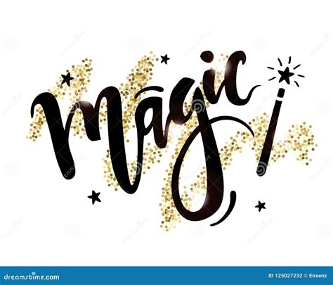 Vector Hand Drawn Lettering Of Word Magic With Magic Wand On Shiny