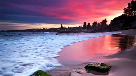 Ocean Waves Foam Beach Sand Stones Trees During Sunset Under Blue