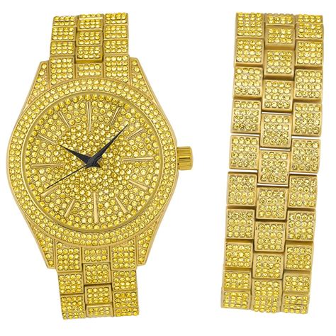 Full Iced Out Bling Watch Bracelet Set Gold Gold Iced Out