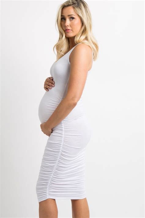 white solid ruched fitted maternity midi dress maternity midi dress fitted maternity dress