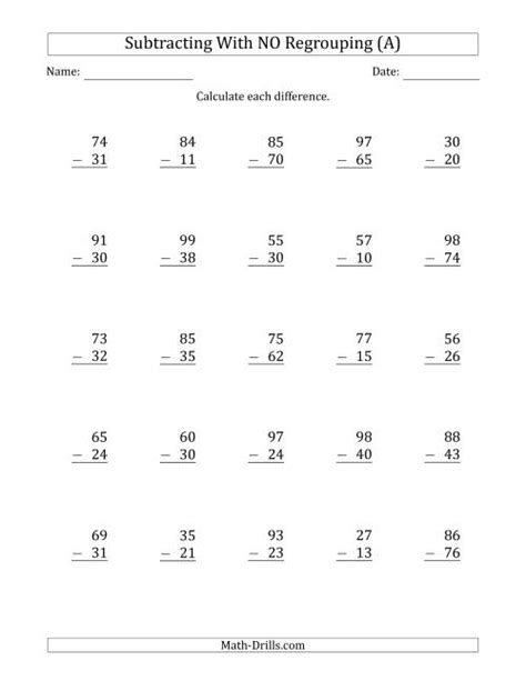 2.nbt.5 fluently add and subtract within 100…. 2-Digit Minus 2-Digit Subtraction with NO Regrouping (A)