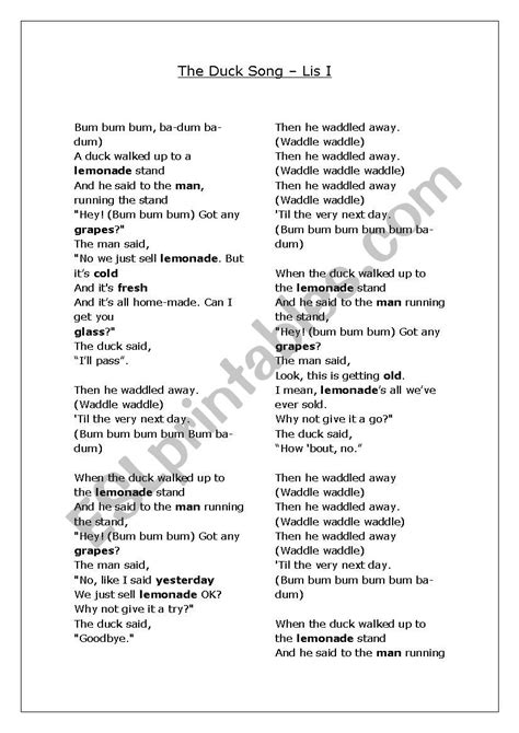 English Worksheets The Duck Song