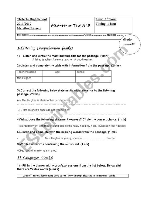 Mid Term Test 3 For 1st Forms Esl Worksheet By Ayachi