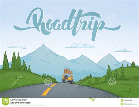 Cartoon Mountains Landscape With Travel Car Rides On The Road On