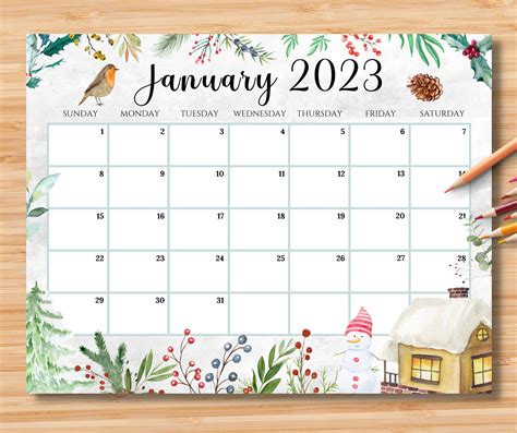 Editable January 2023 Calendar Beautiful Winter In A Garden Etsy Sweden