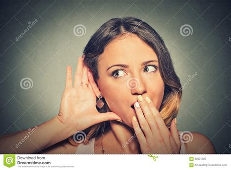 Surprised Young Nosy Woman Hand To Ear Gesture Carefully Secretly