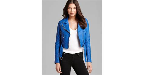 Michael Michael Kors Cropped Leather Moto Jacket In Blue Lyst