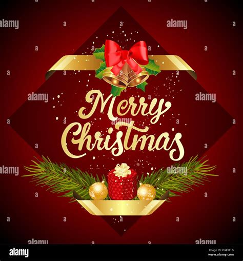 Merry Christmas Greetings Typography With Bow Tie Ribbon Leaves Bells