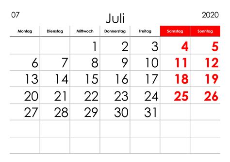 Kalender Juli 2020 Grosse Ziffern Im Querformat Kalendersu