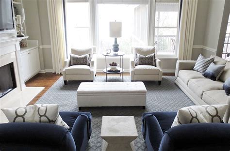 Using a straight sofa with two chairs (rather than a sectional) is a great solution for a conversational sitting room with no tv. bryn alexandra: Two Blue Chairs | Large living room layout ...