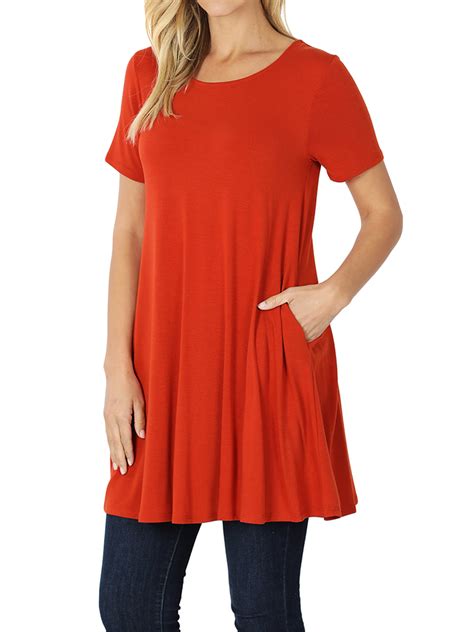 Women And Plus Round Neck Short Sleeve Long 33 Tunic Top With Side