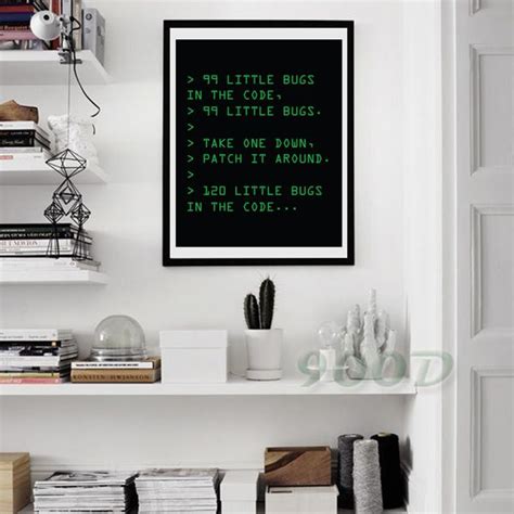 A Black And Green Screen Print On A White Wall Above A Bookshelf Filled