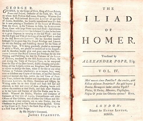 The Iliad Of Homer Translated By Alexander Pope Esq Vol Iv London