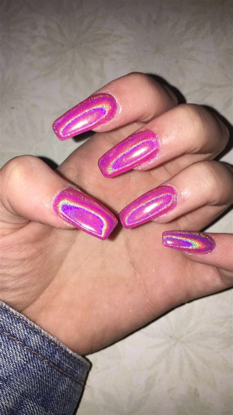 Pink Holographic Chrome Nails Vacation Nails French Acrylic Nails