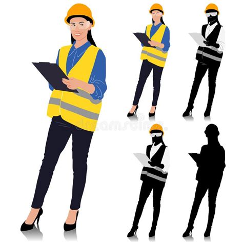 Female Construction Worker Holding A Clipboard Wearing Helmet And Vest