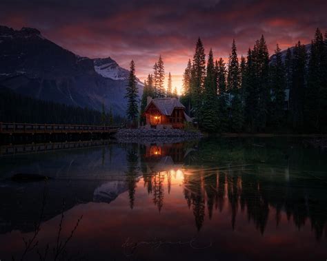 Wallpaper Forest Lake House Sunset Dusk 1920x1440 Hd Picture Image