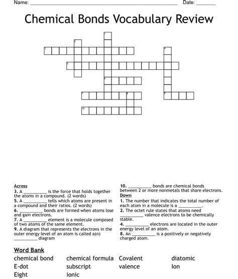 Chemical Bonds Vocabulary Review Crossword Wordmint