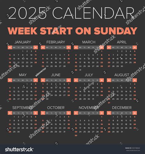 Simple 2025 Year Calendar Week Starts Vector De Stock Libre De