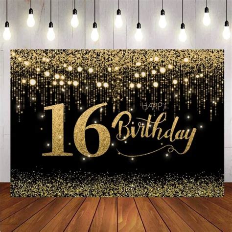 16th Backdrop Black Gold Glitter Happy Birthday Party Photo Background