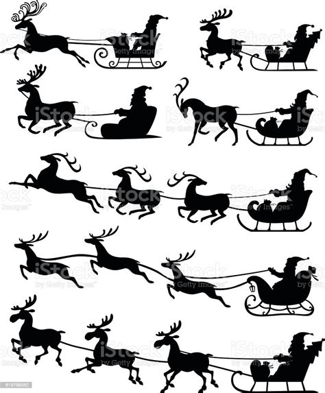 Christmas Silhouette Santa Claus Riding On Reindeer Sleigh Set I Stock