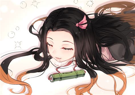 Kamado Nezuko Sleeping Saliva Anime Girls Long Hair Fangs Black
