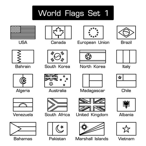 World Flags Set 1 Simple Style And Flat Design Thick Outline Black And