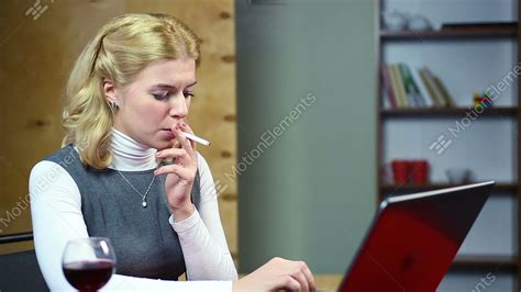 Lady Working On Computer And Smoking Cigarette At Workplace Unhealthy Lifestyle Stock Video