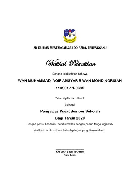 Sijil Pelantikan Pengawas Pss 2020 Pdf