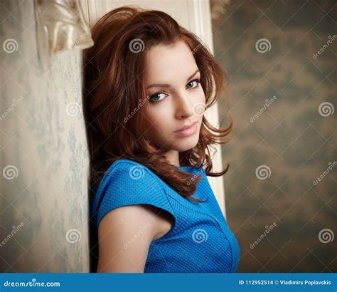 Beautiful Brunette Woman In Blue Dress Stock Photo Image Of Girl