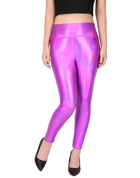 HDE Women S Shiny Holographic Leggings Liquid Metallic Pants Iridescent